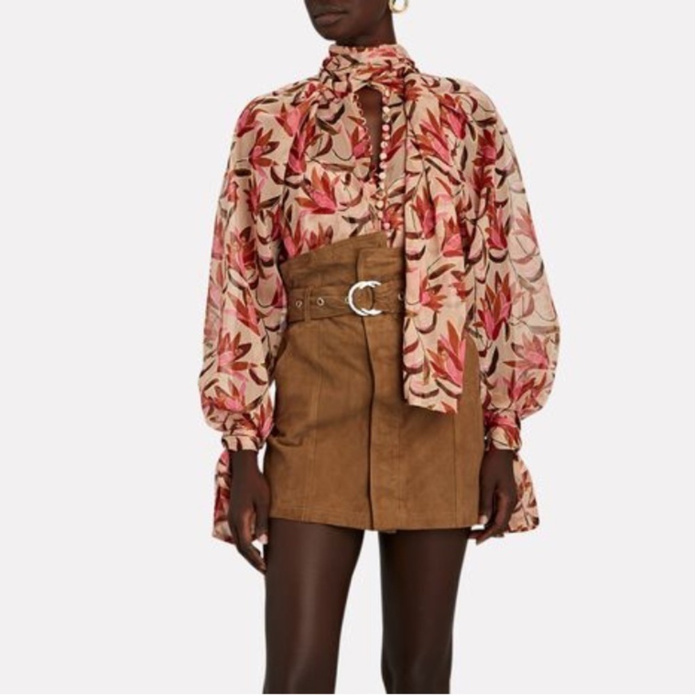 Acler- Pink and Brown Floral Print Tie Longsleeve Sheer Button Down Blouse